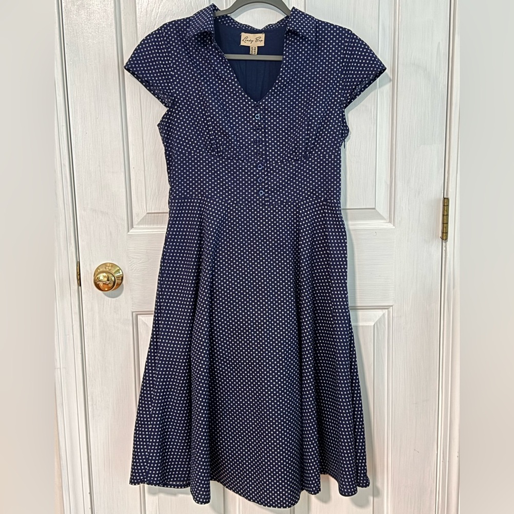Lindy Bop Retro Feel Navy and White Polka Dot Midi Dress